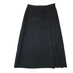 Vtg Liz Claiborne Black 100% Pure Wool Pleated Wrap Button Detailed Skirt 8